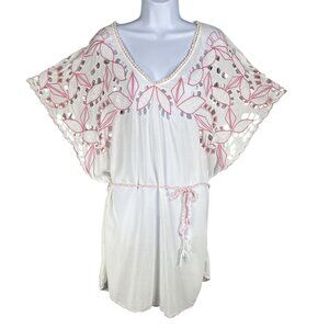 Trina Turk Womens L/XL Lahaina Embroidered Dress White Pink Cover Up Beachy Boho